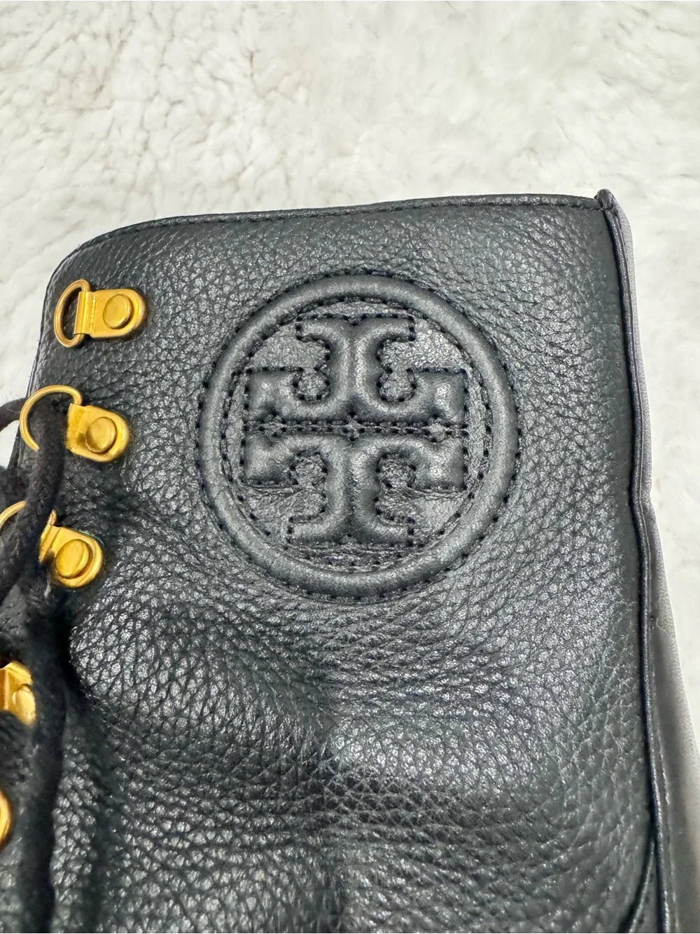 Tory Burch Black Leather Lace-Up Lug Heel Boots with Gold Hardware
